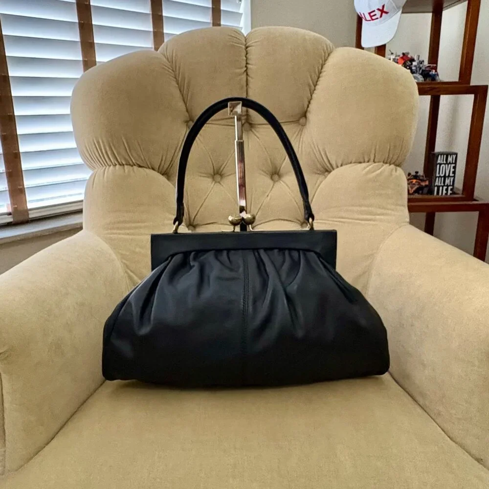 Auth KATE LANDRY Black Leather VTG Inspired Top Handle Frame Satchel Bag... - Picture 5 of 7